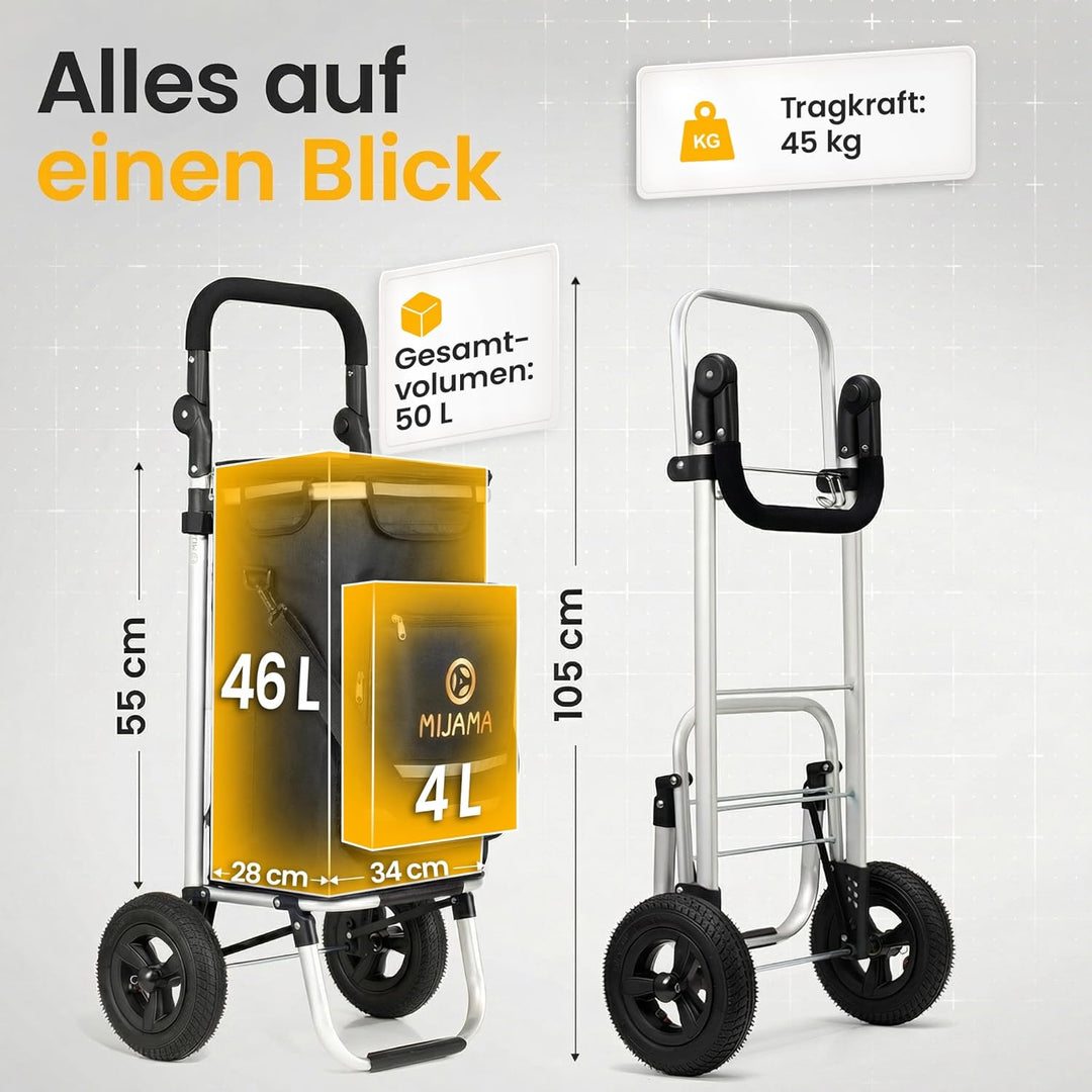 Einkaufstrolley klappbar mit Lufträdern 45 kg – Einkaufswagen faltbar wasserabweisend mit Kühlfach –