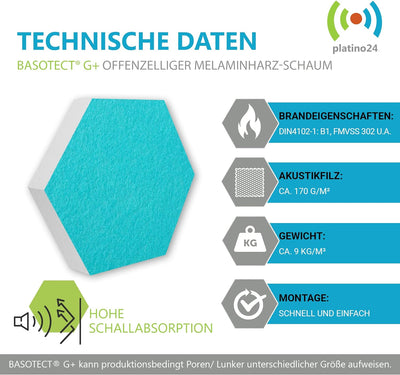 platino24 Schallabsorber Set Colore aus Basotect G+ mit Akustikfilz, 6 Absorberelemente Hexagon je Ø