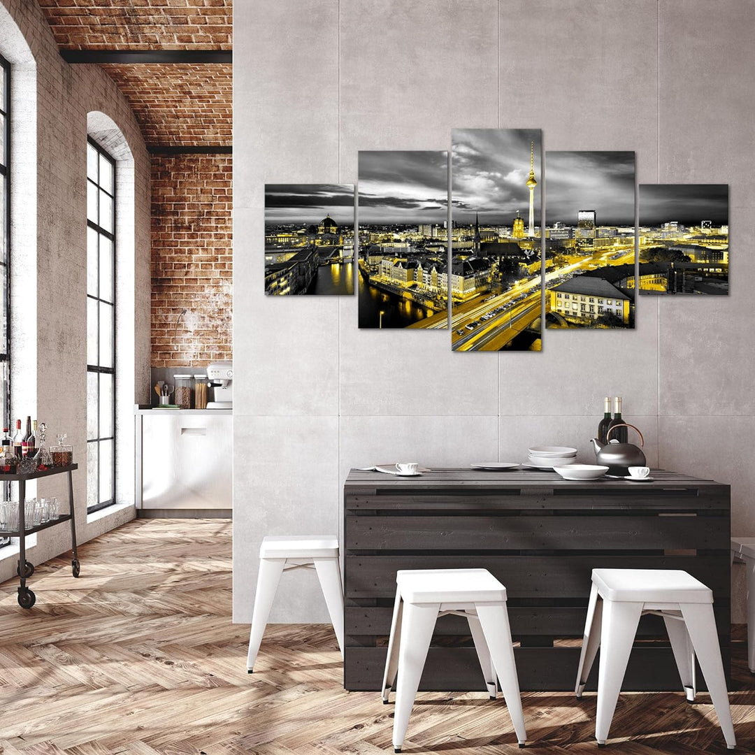 Runa Art - Bilder Berlin Skyline 200 x 100 cm 5 Teilig XXL Wanddekoration Design Schwarz Gelb 004351