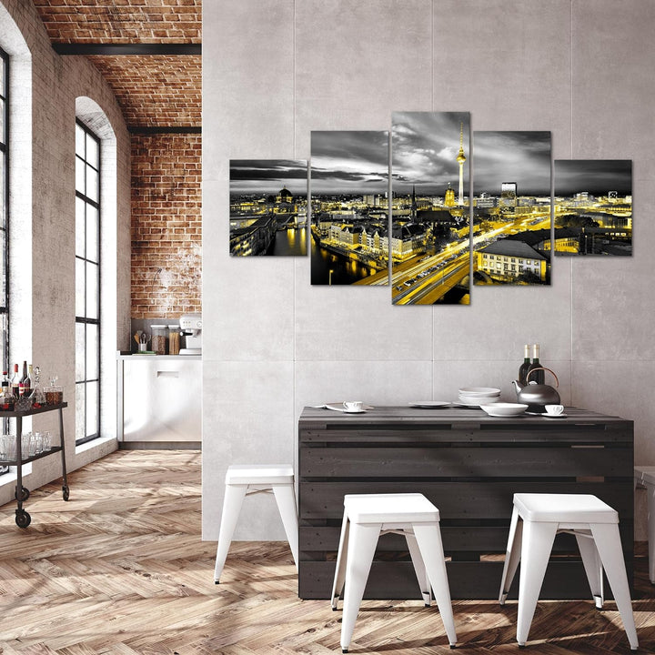 Runa Art - Bilder Berlin Skyline 200 x 100 cm 5 Teilig XXL Wanddekoration Design Schwarz Gelb 004351