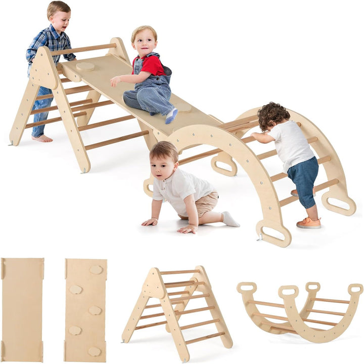 GOPLUS Klettergerüst Indoor, 4 in 1 Kletterdreieck & Kletterbogen & Leiter & Rutsche, Sprossendreiec