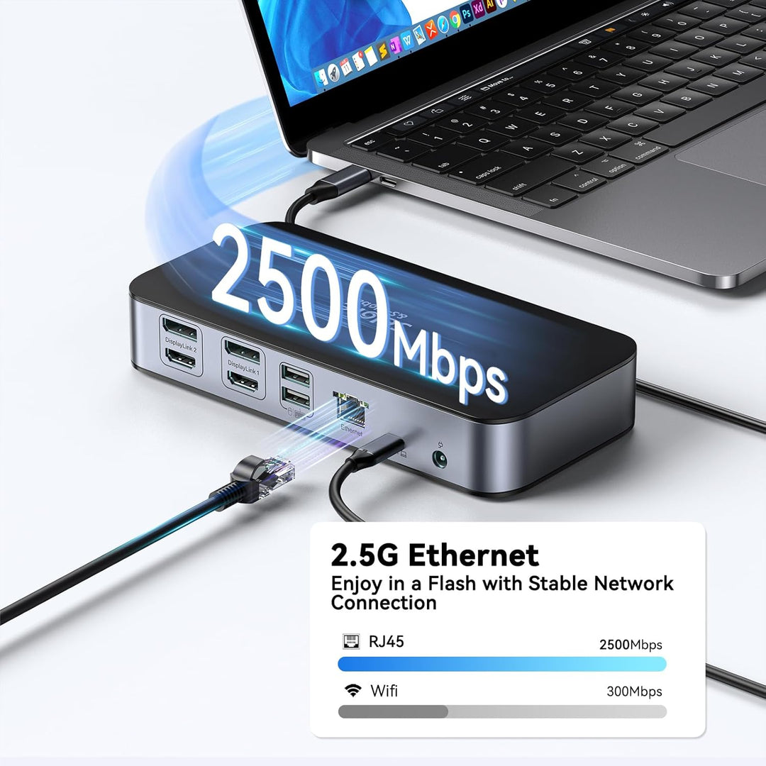 USB C DisplayLink Dockingstation mit 120W Netzteil, 15 in 1 Laptop USB C Dock Dual Monitor mit 2 HDM