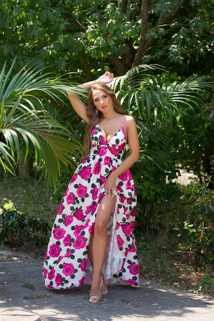 Summer V-Neck Träger Maxi Kleid mit Flower Print und XL-Beinschlitz One Size (Einheitsgrösse)
