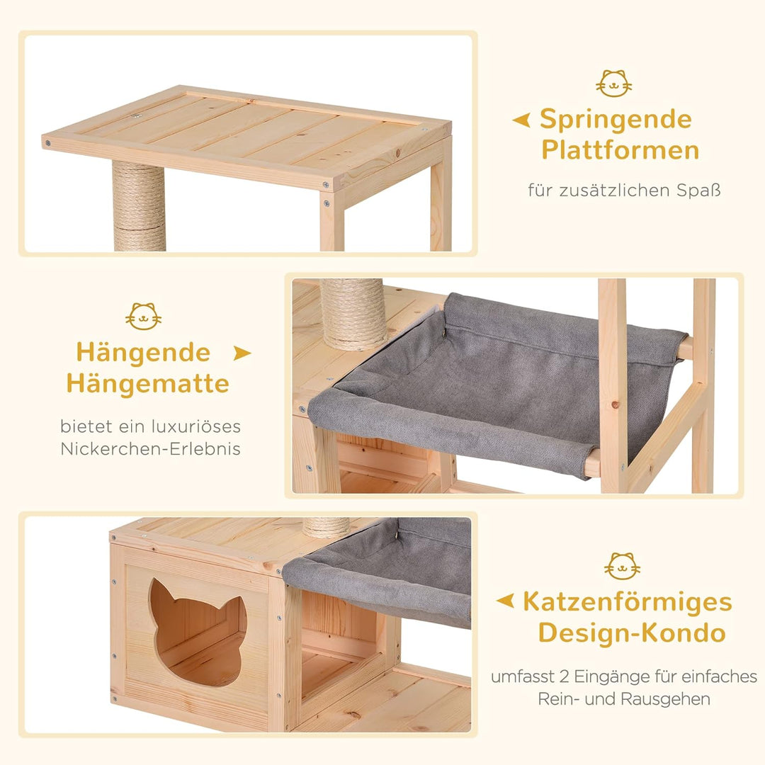 PawHut Katzenhöhle, Katzenbett mit Hängematte, Sisalstamm, Plattform Katzenhaus aus Holz Kratzbaum f