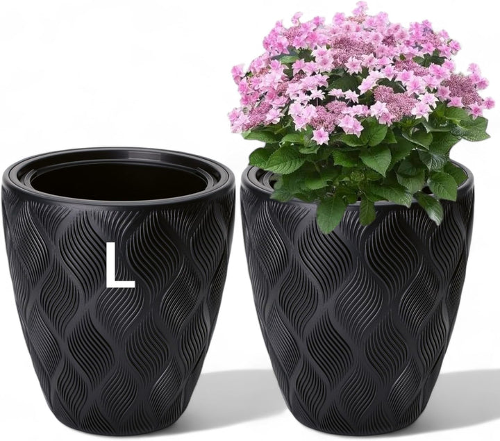 MELTOM Blumentopf mit Bewässerungssystem Rund Niedrig 3D Effekt Dekorativ, Farbe: Schwarz, DxH: 39 x