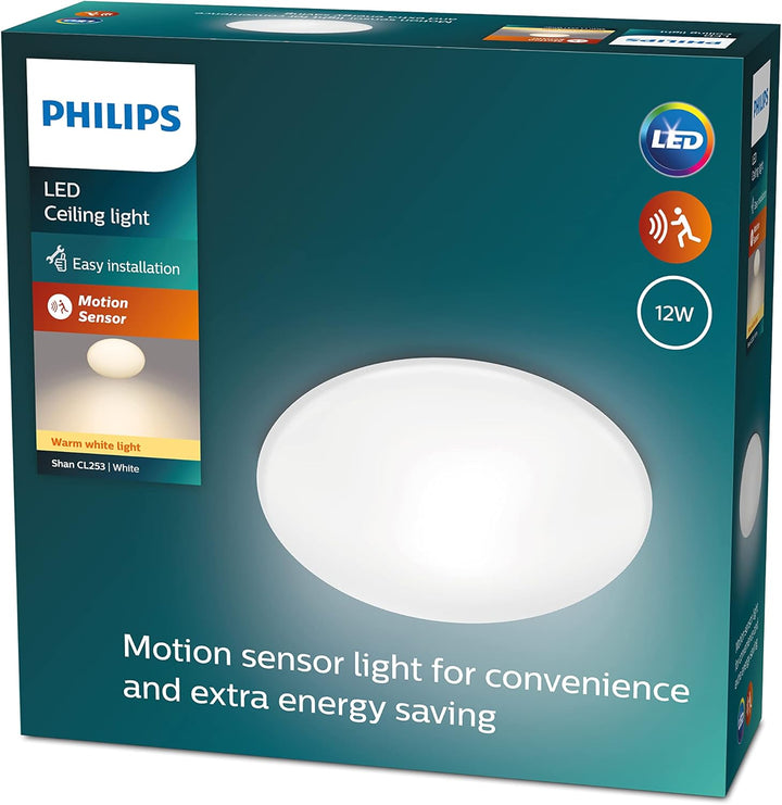 Philips LED Shan Deckenleuchte mit integriertem Bewegungssensor, 12W, Weiss warmweisses Licht (2700K