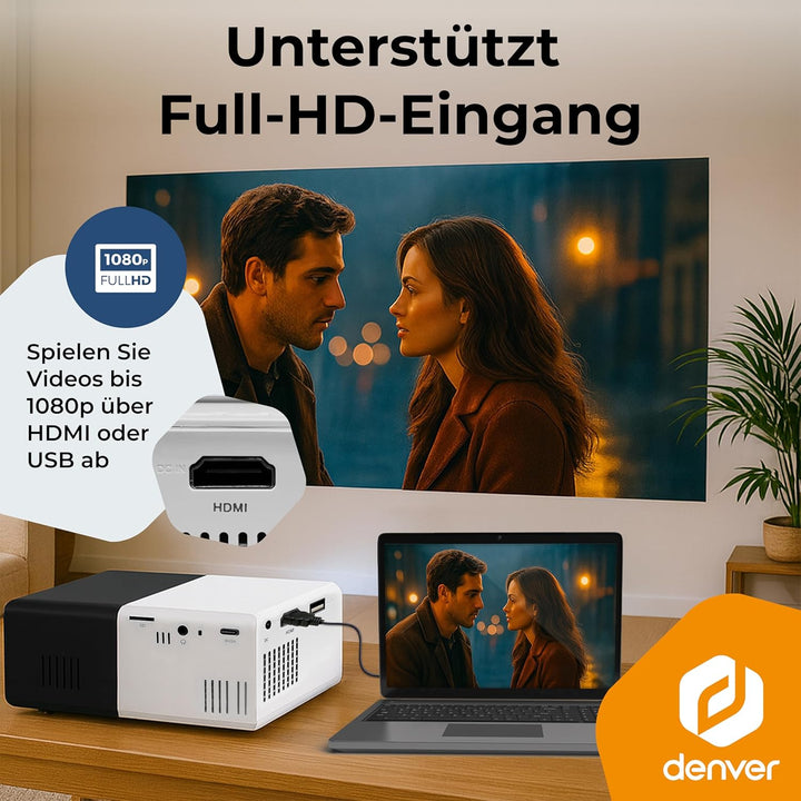 DENVER PR-1000 Mini Beamer, Unterstützt Full HD 1080p, Tragbarer LED Projektor mit HDMI, USB-C & Mic