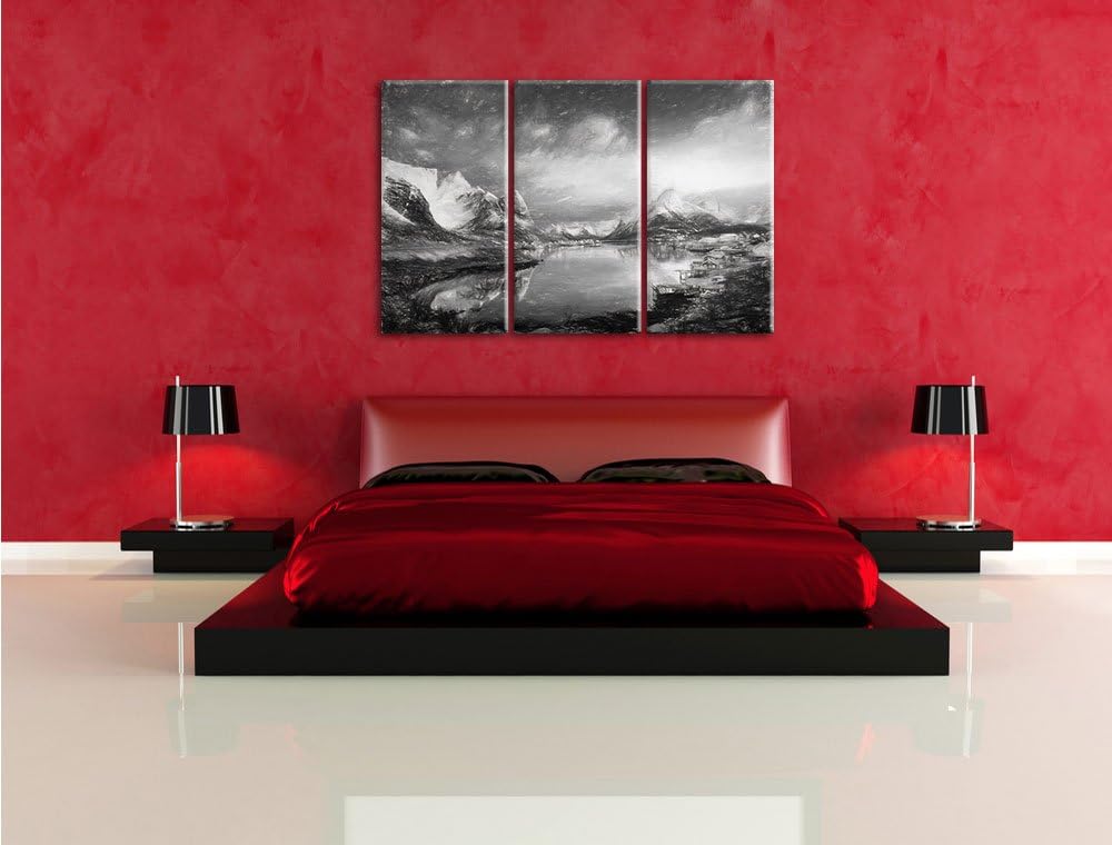 Pixxprint Schneelandschaft in einem Dorf in Norwegen Kunst Kohle Effekt 3-Teiler Leinwandbild 120x80