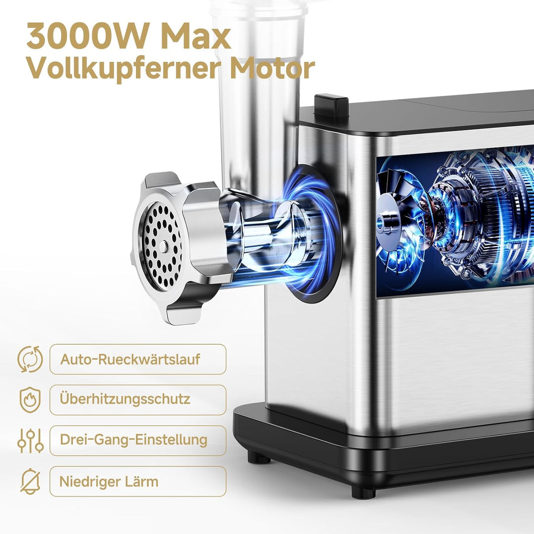 AAOBOSI Fleischwolf Elektrisch [3000W MAX] mit LED-Display,3 Geschwindigkeiten,Fleischwolf mit Anti-
