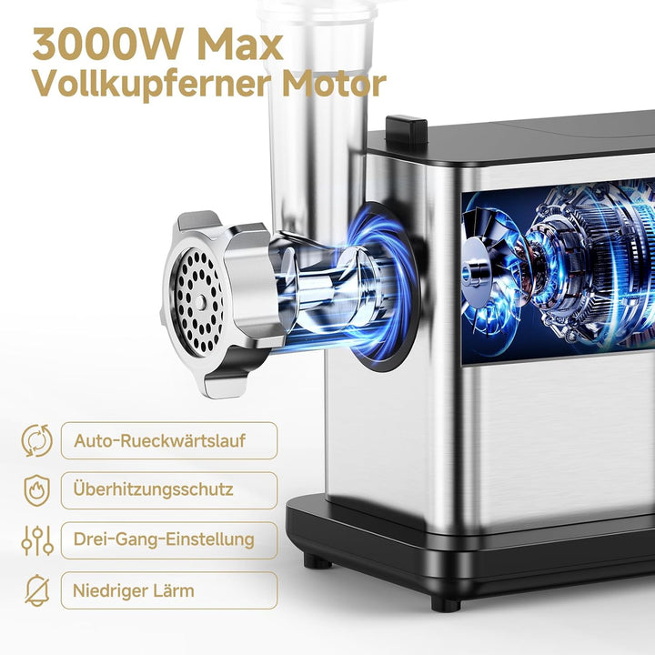 AAOBOSI Fleischwolf Elektrisch [3000W MAX] mit LED-Display,3 Geschwindigkeiten,Fleischwolf mit Anti-