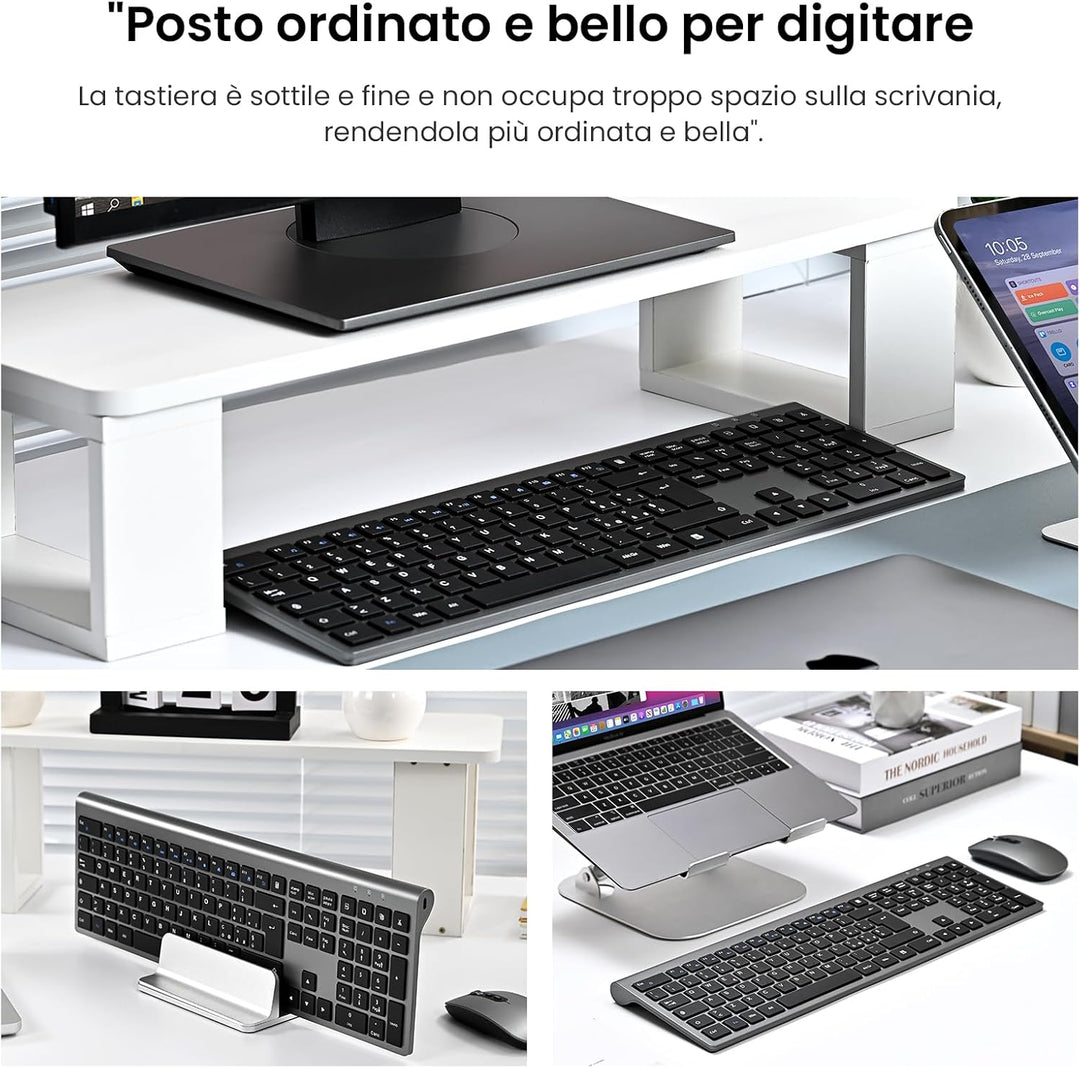 cimetech Kabellose Tastatur und Maus, kabellos, wiederaufladbar, 2,4 G, italienisches QWERTY-Layout,