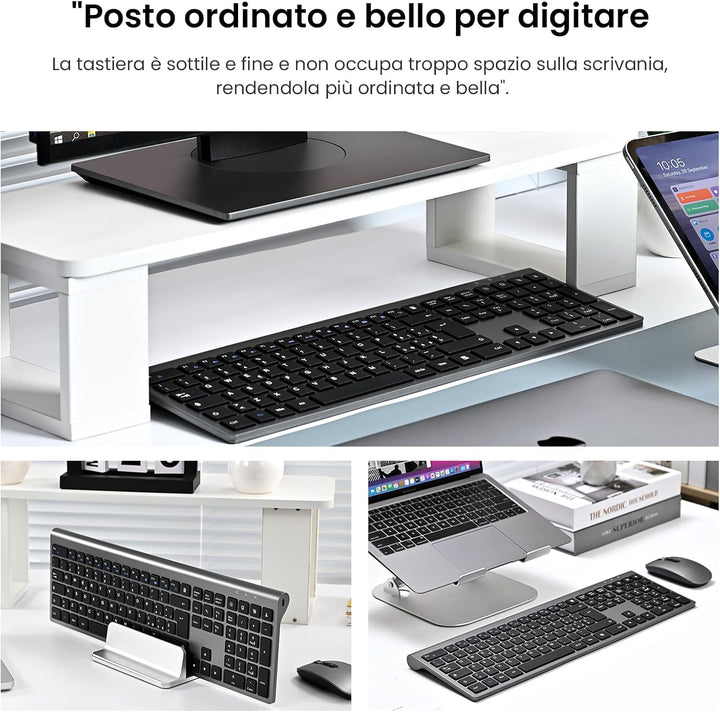 cimetech Kabellose Tastatur und Maus, kabellos, wiederaufladbar, 2,4 G, italienisches QWERTY-Layout,
