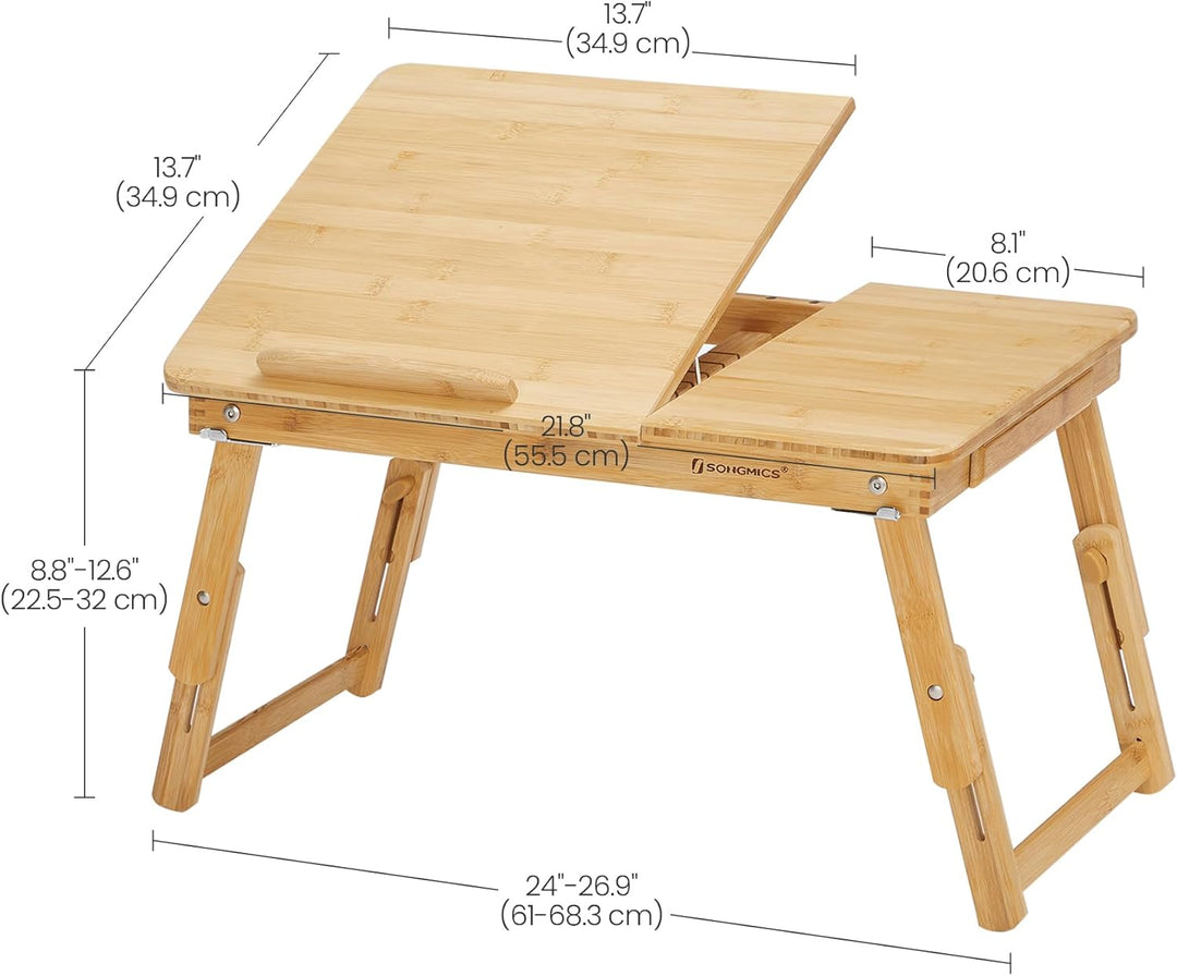 SONGMICS Höhenverstellbarer Laptoptisch mit Schublade, klappbarer Notebooktisch aus Bambus, Betttisc