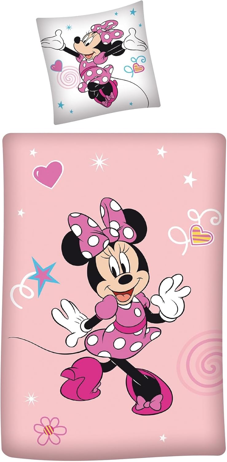 Minnie Mouse Winter-Bettwäsche Set 135x200 + 80x80 cm aus 100% Baumwolle · Rosa Biber-Bettwäsche mit