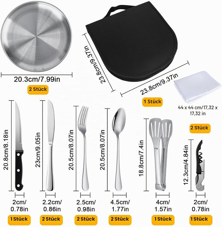 Camping Geschirr Set 2 Personen 13 Stück Tragbars Campingbesteck Set aus Edelstahl für Camping, Pick