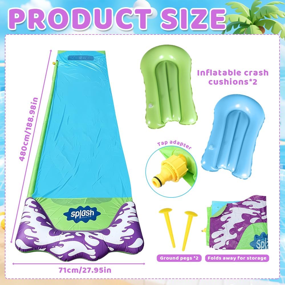 Wasserrutsche, 480 x 70CM/188.98 x 27.56in Wasserrutschbahn mit Sprinkler, Wassermatte mit 2 Bodyboa