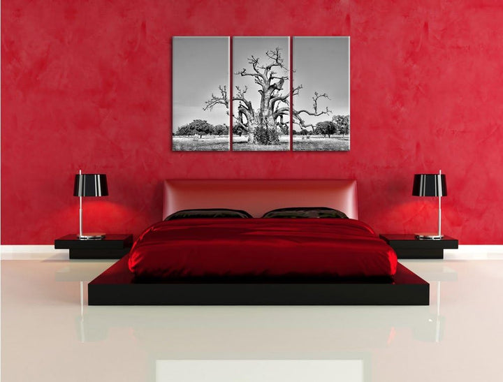 Pixxprint Monocrome, vertrockneter Baum in der Savanne 3-Teiler Leinwandbild 120x80 Bild auf Leinwan