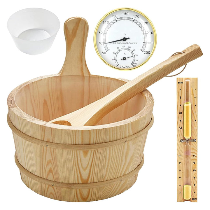Sauna Eimer Set (4 Liter), Sauna Eimer mit Kelle, Saunakã Bel aus Holz mit Kelle Sanduhr, Thermo, Hy
