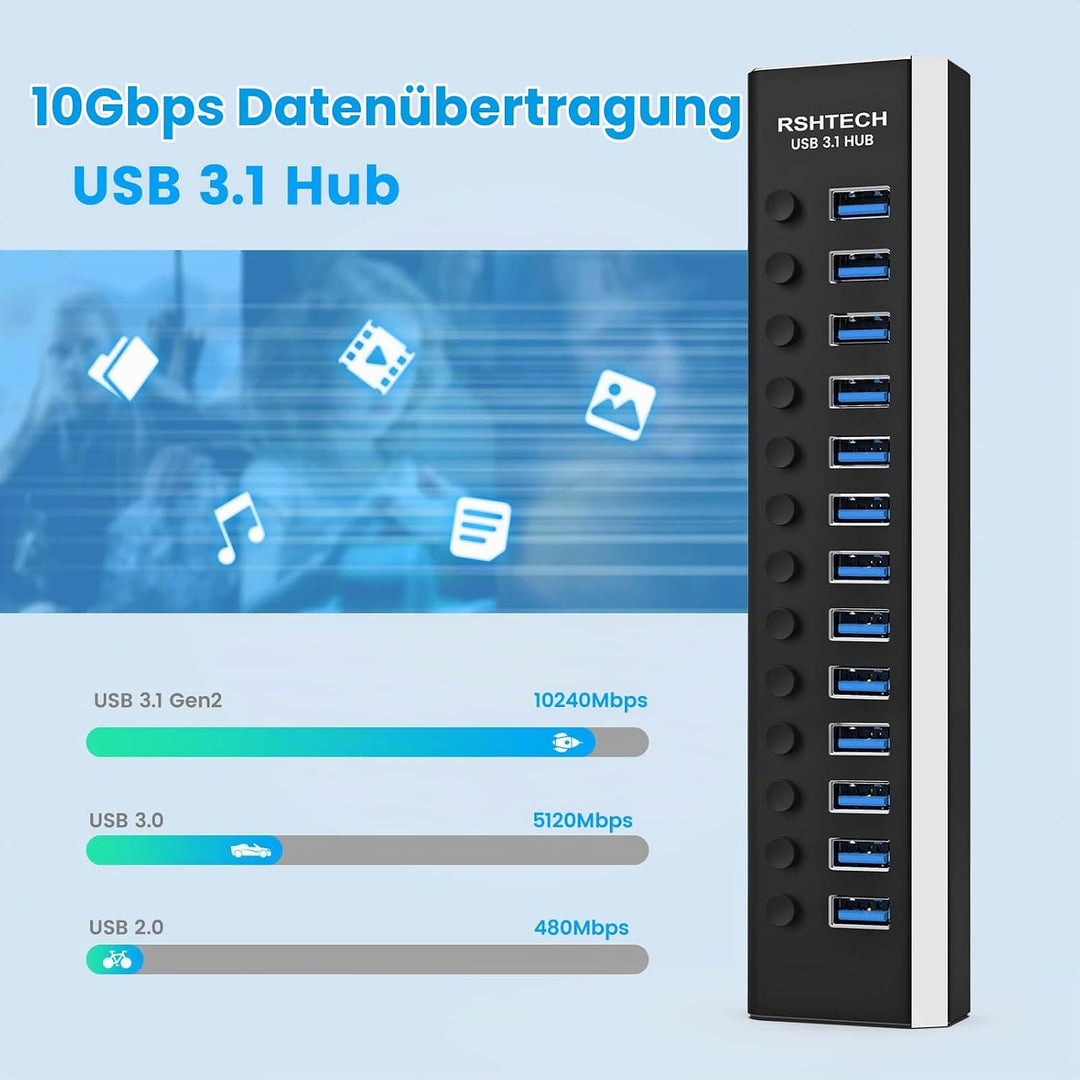 RSHTECH USB Hub 3.2 Aktiv mit Netzteil (72W 12V/6A), 2-in-1 Datenkabel (Typ-C&amp;Typ A) und 13*10Gbps U