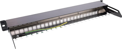 InLine® Patchfeld 24-Fach, Keystone Leerblech Patchpanel mit Auszug, 19", 1HE, schwarz RAL9005