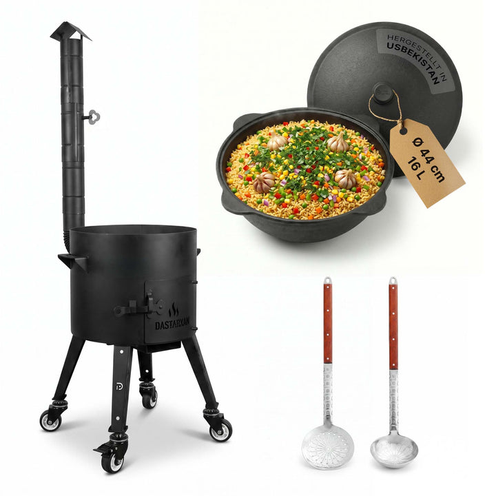 4BIG.fun Ø45 Utschak mit Abzugsrohr Uchag Campingofen Feuerofen Gulaschkessel 16L Kazan Wok Eintopfo