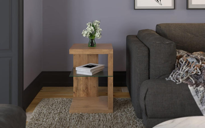 HomeTrends4You Domingo Beistelltisch/Nachttisch, MDF, Sicherheitsglas, Wildeiche,