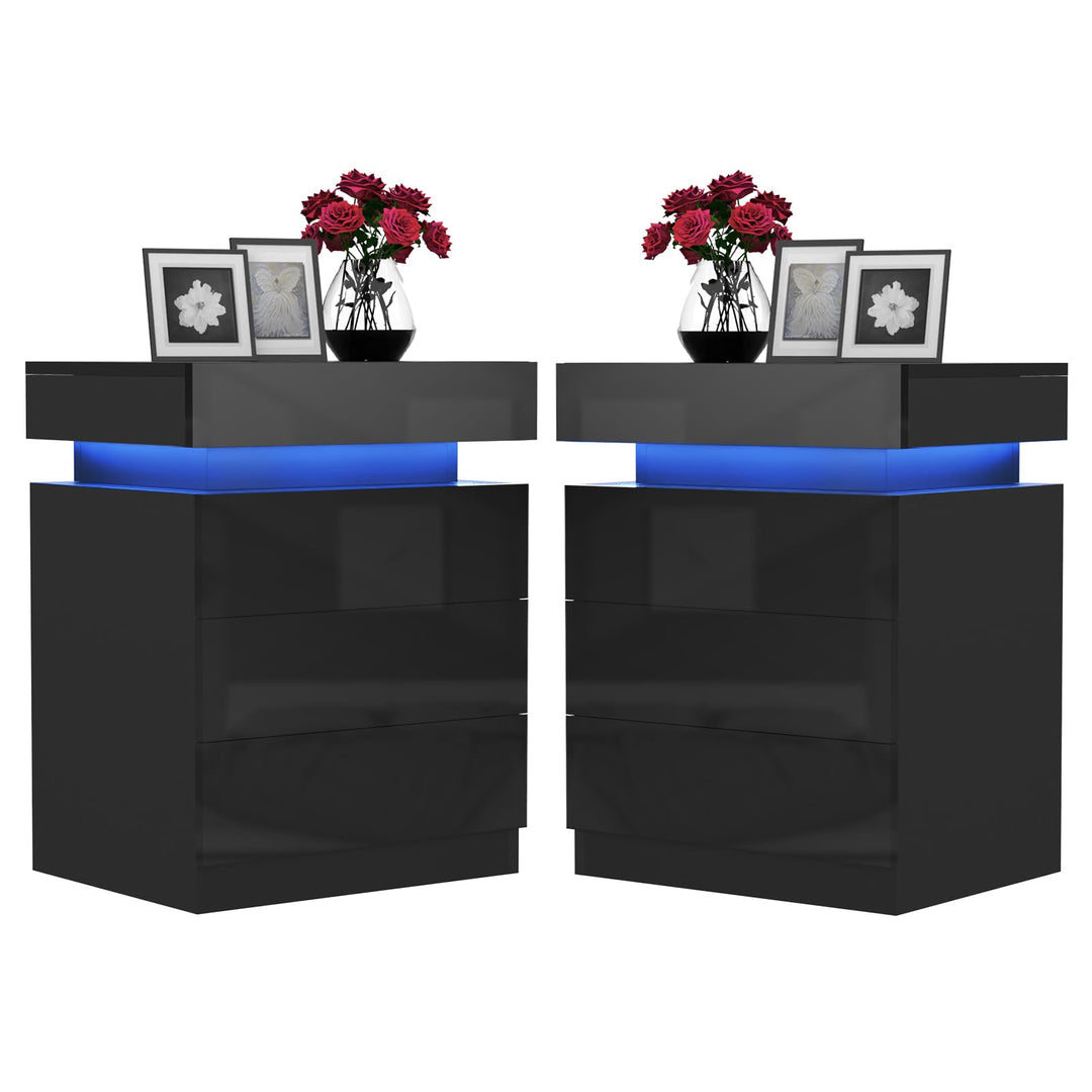 Nachttisch Schwarz 2er Set, Nachtschrank mit Led Licht, Nachtkommode mit 3 Schubladen und Schränke m