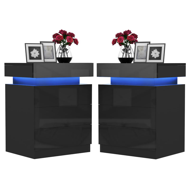Nachttisch Schwarz 2er Set, Nachtschrank mit Led Licht, Nachtkommode mit 3 Schubladen und Schränke m