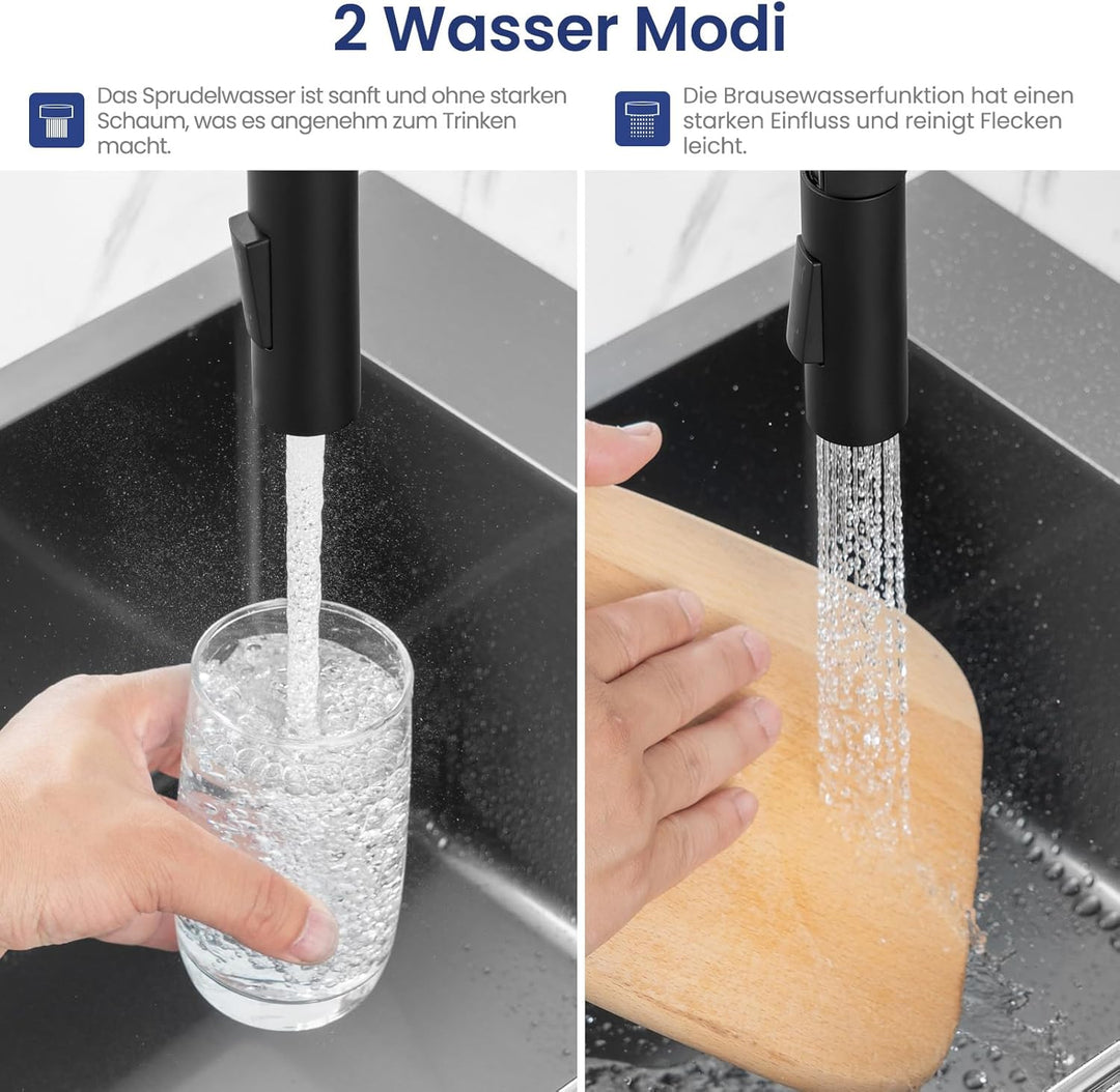 CECIPA Wasserhahn Küche Schwarz, Hochdruck Küchenarmatur Mit Herunterziehbare Brause, Mischbatterie