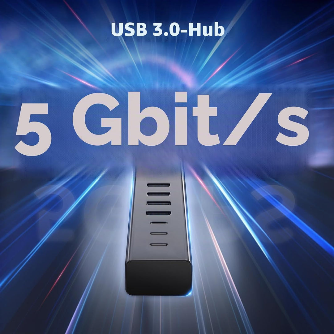 7-Port USB Hub 3.0 mit 180cm Kabel für Desktop, Aluminium USB Verteiler 5Gbps Multiport Adapter mit