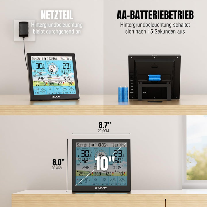 Raddy WF-120P WLAN Wetterstation mit App-Steuerung, 10” HTN Farbdisplay, Innen-/Aussentemperatur & L