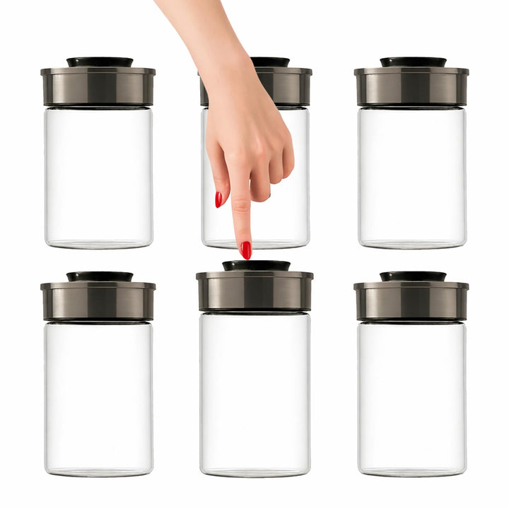 BURI Vorratsglas Vakuumglas 6er Set 1000ml | Vorratsdosen Glas mit Edelstahl Deckel & Vakuum Klick-M