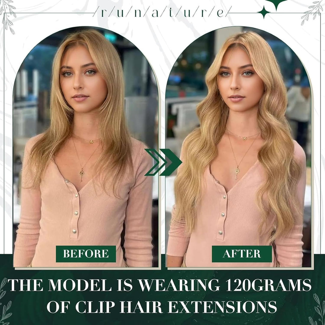 RUNATURE Remy Clip Extensions Echthaar Highlighted Blond 35cm Clip Echthaar Haarverlängerung Unsicht