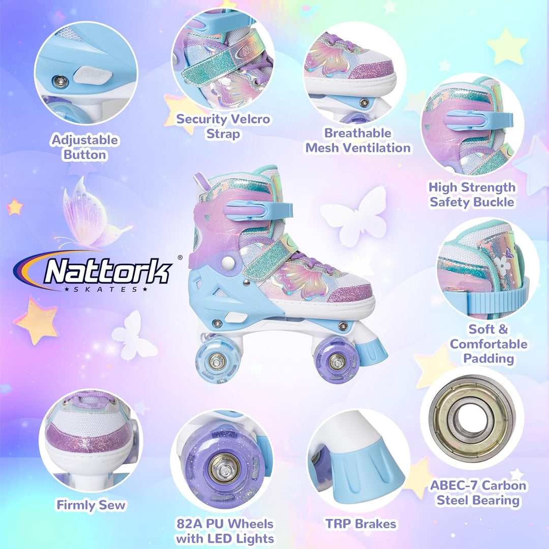 Nattork Kinder Rollschuhe für Mädchen und Jungen, 4 Grössen Verstellbar, Vierrad-Rollschuhe mit Schm
