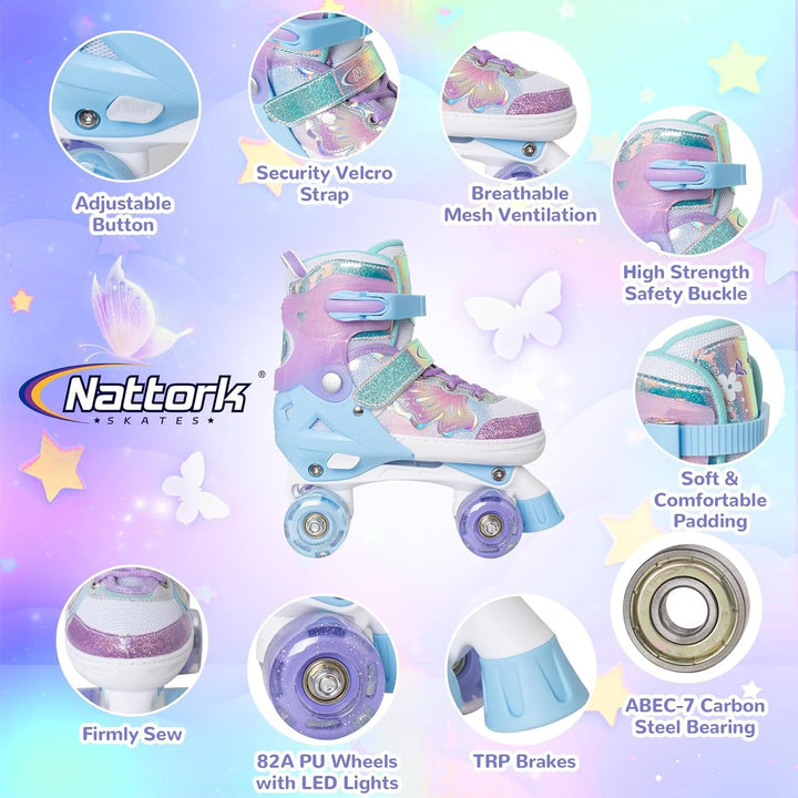 Nattork Kinder Rollschuhe für Mädchen und Jungen, 4 Grössen Verstellbar, Vierrad-Rollschuhe mit Schm