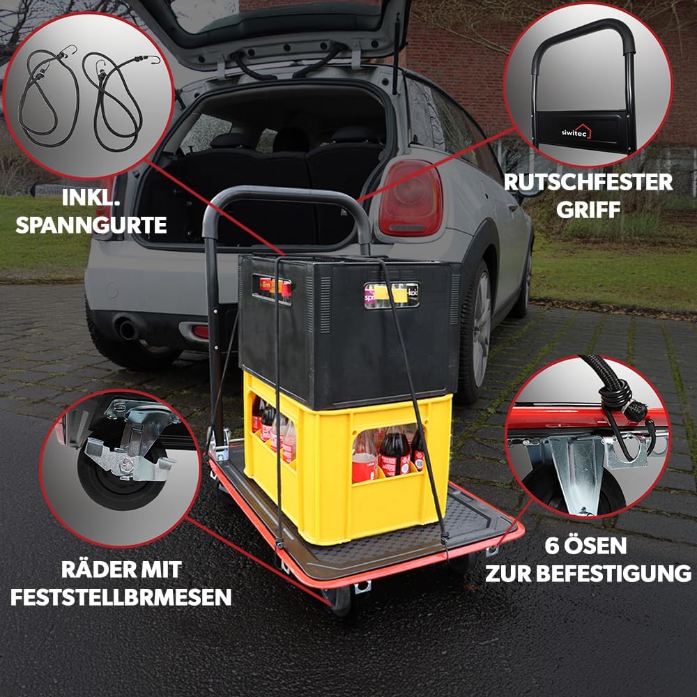 siwitec Plattformwagen, Transportwagen klappbar 150kg, inkl. Spanngurte, Rollwagen, Handwagen, Trans