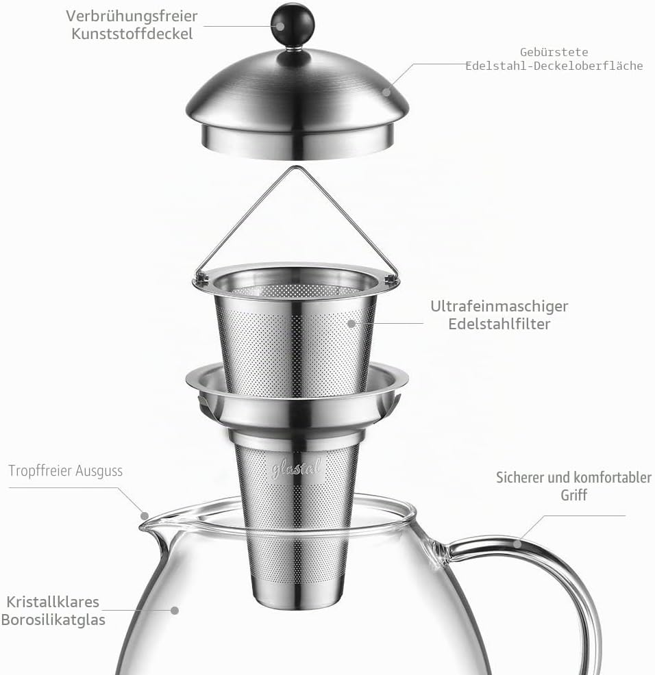 glastal Glas Silberne Teekanne 1500ml mit 18/8 Edelstahl Teesieb Borosilicate Glas Teebereiter Glask