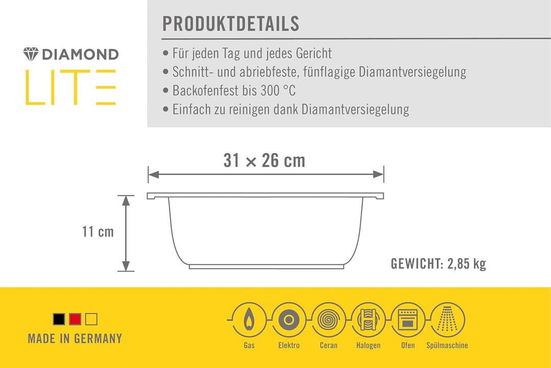 Woll Diamond Lite Bräter mit Glasdeckel in Box, 31 x 26 cm, 11 cm hoch, 6 Liter - Geeignet für Ceran