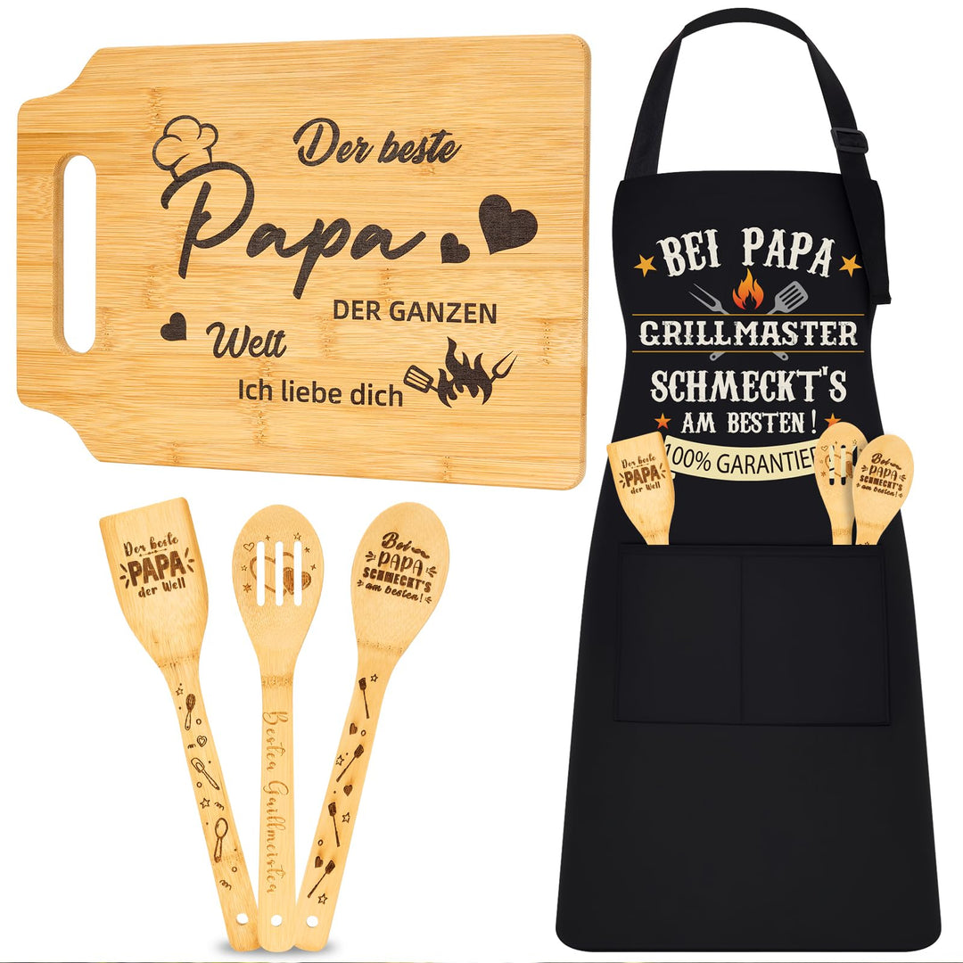 Defresit Papa Geschenk Set 5-in-1 – Lustige Grillschürze, Bambus Schneidebrett & 3 Holz Kochlöffel –