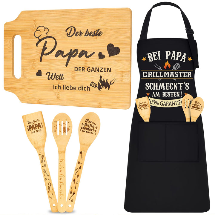 Defresit Papa Geschenk Set 5-in-1 – Lustige Grillschürze, Bambus Schneidebrett & 3 Holz Kochlöffel –