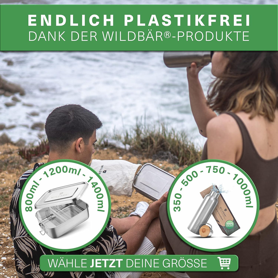 WILDBÄR – Premium Edelstahl Brotdose. BPA& plastikfreie Lunchbox mit flexibler Abtrennung ist auslau