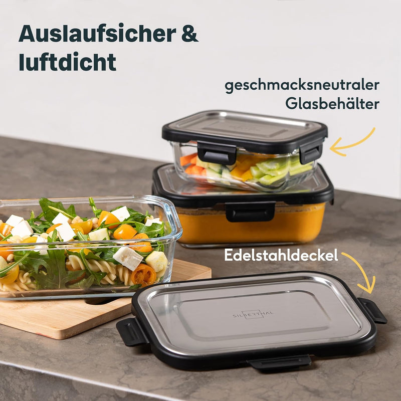 SILBERTHAL Frischhaltedosen Set Glas mit Edelstahl Deckel - Luftdicht - 3er Set - Grössen 1L, 600ml