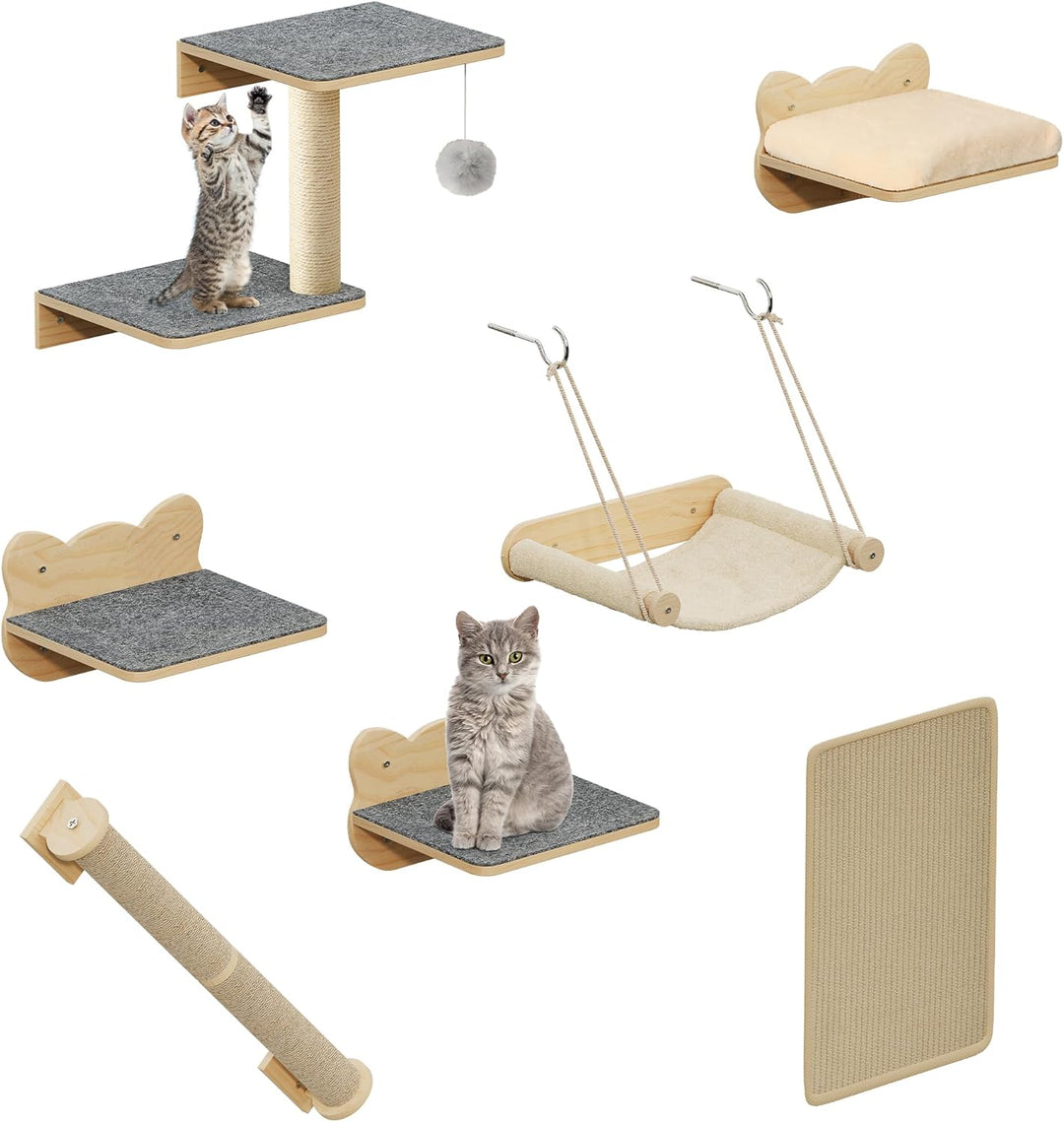 YITAHOME Katzenkletterwand-Set, Stabiler Holz Katzenmöbel, 7-Teilig Katzen Wandelemente mit Katzentr
