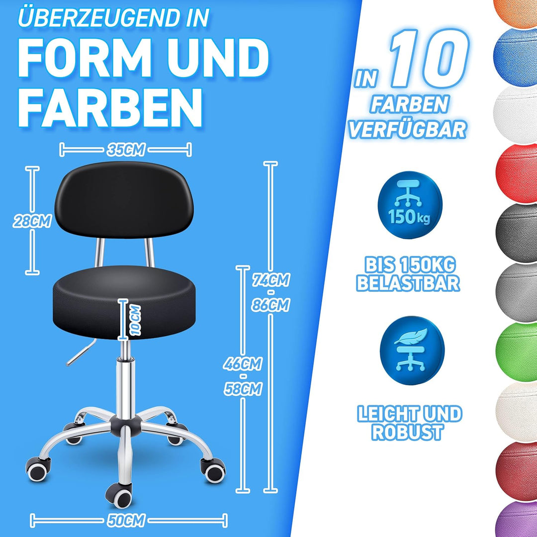 TRESKO® Rollhocker mit Lehne Schwarz | Arbeitshocker höhenverstellbar 46-58 cm | Drehhocker mit Roll