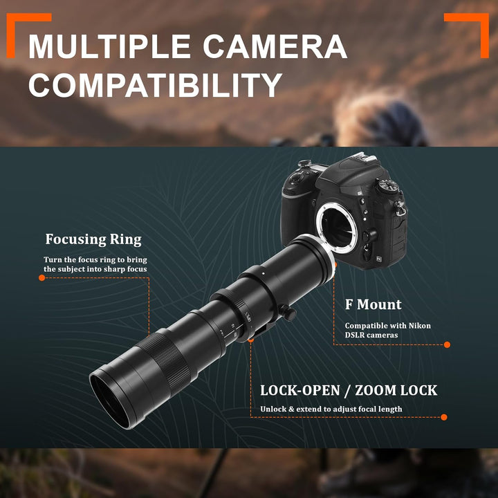 Teleobjektiv 420-800mm, F Objektiv für Nikon DSLR, Manueller Fokus MF Zoom Objektiv für Nikon D3500