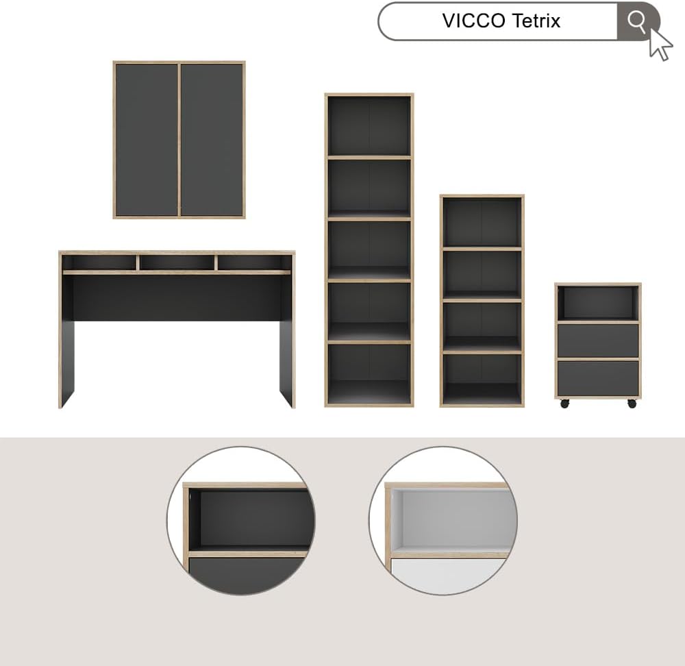 Vicco Rollcontainer Tetrix, Anthrazit, 42 x 55 cm mit Regalen und 2 Schubladen, Anthrazit