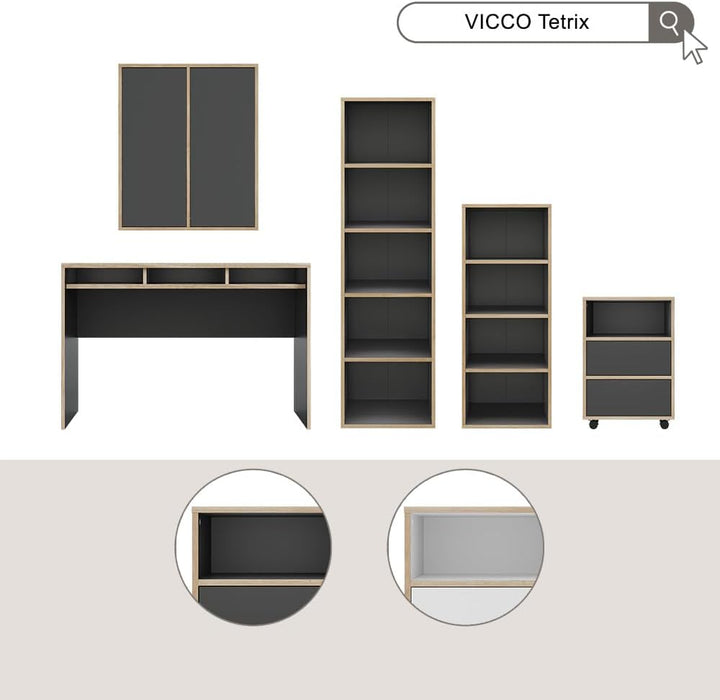 Vicco Rollcontainer Tetrix, Anthrazit, 42 x 55 cm mit Regalen und 2 Schubladen, Anthrazit