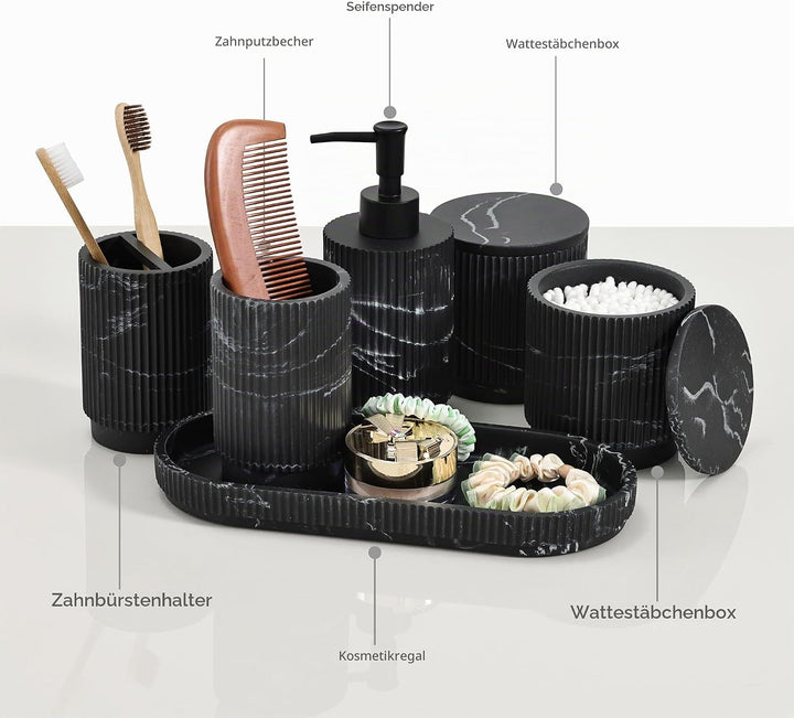 Badezimmer Set 6-TLG | Seifenspender + Zahnputzbecher mit Tablett &amp; Wattestäbchenbox | Design Streif