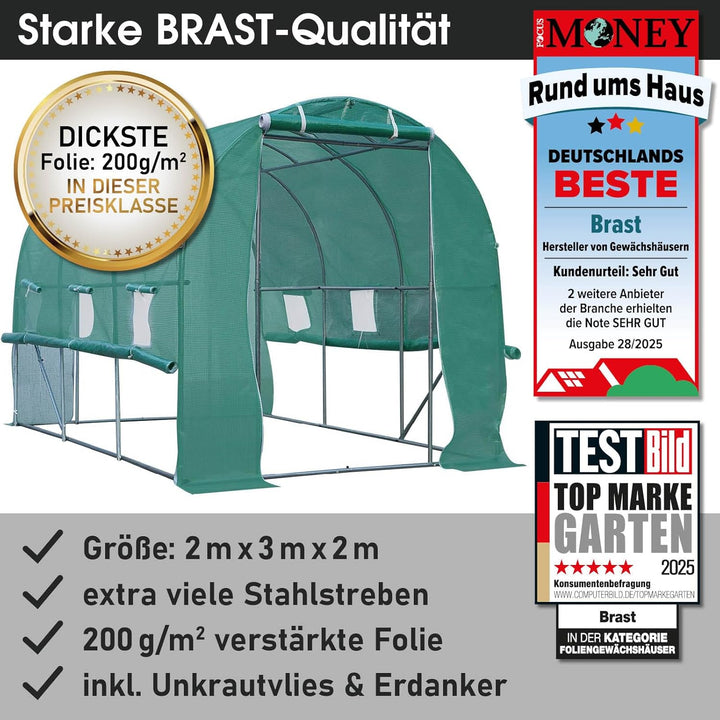 BRAST® Gewächshaus Foliengewächshaus mit Stahlfundament 200x300 cm Seitenwände aufrollbar Erdanker s