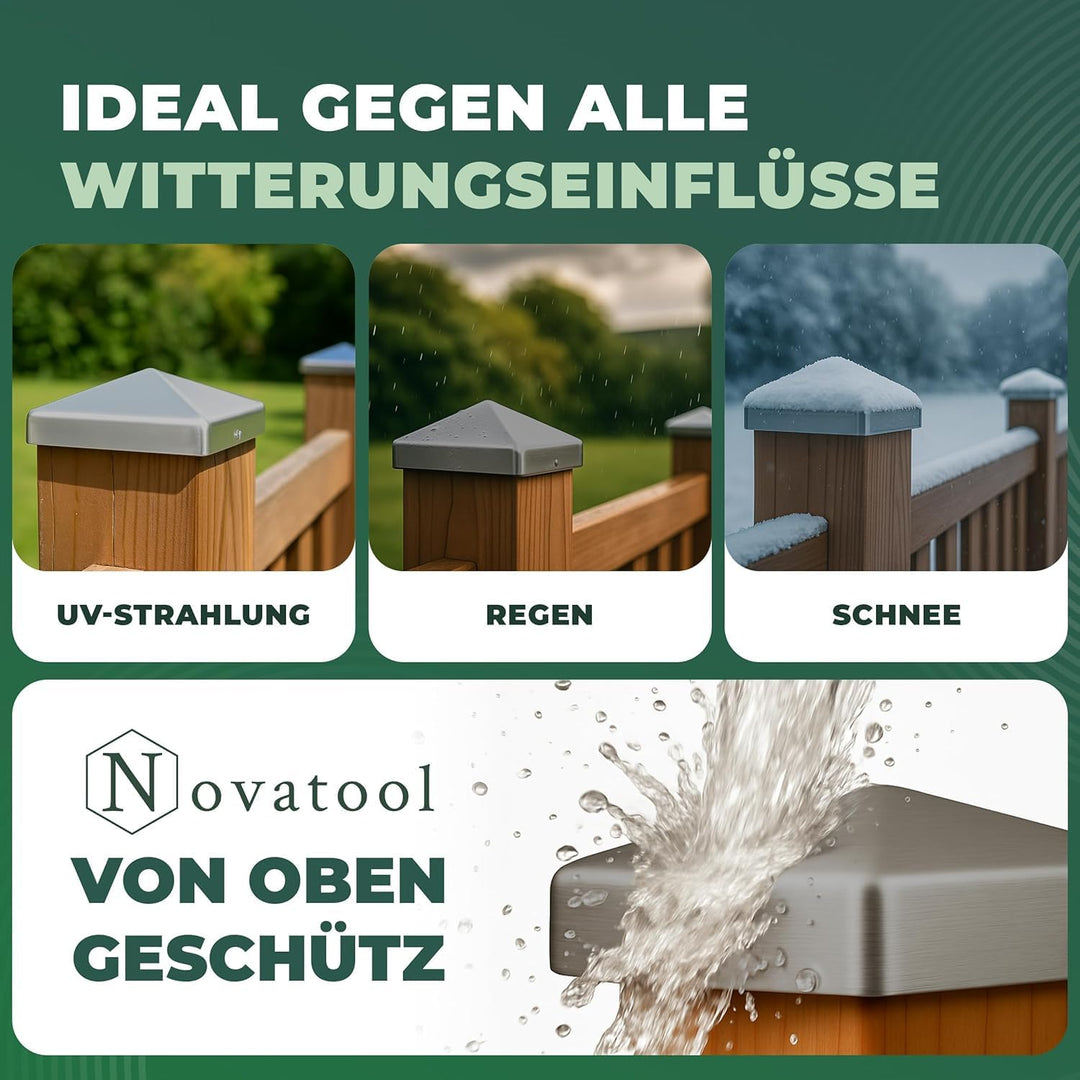Novatool 10er-Set Pfostenkappen 71x71mm verzinkt mit Schrauben, Pfostenabdeckung Pfostenkappe 7,1cm
